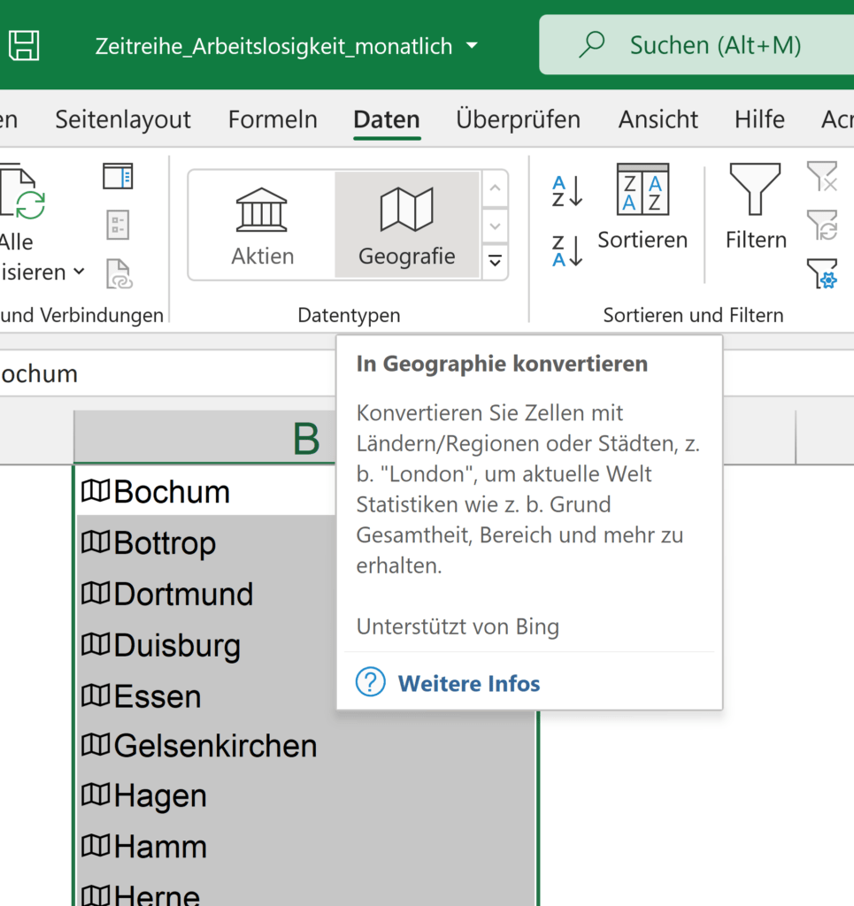 In Geographie konvertieren - Funktion in Excel