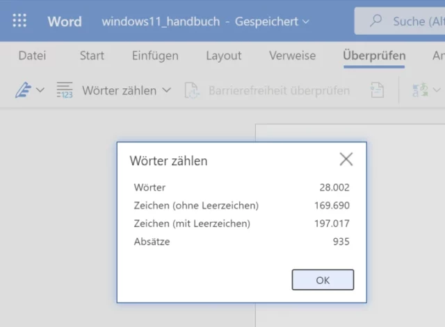 Wörter zählen in Word Online
